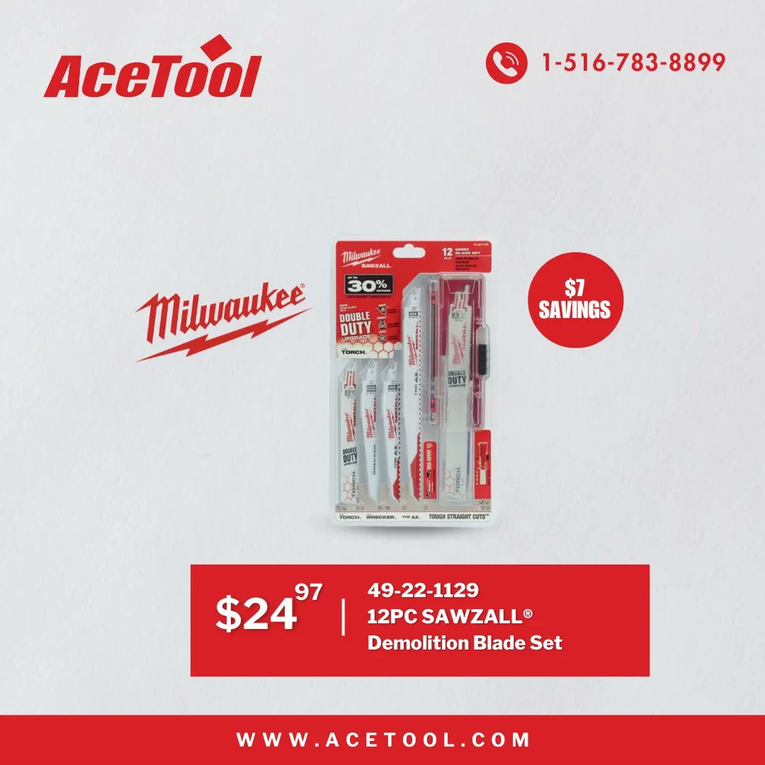 Hot Deal Alert! 🔥 Save $7 on the Milwaukee 49-22-1129 Sawzall Demolition Blade 12 Pack at Ace Tool! 

Tired of struggling with dull blades during your demolition projects? Look no further! 

buff.ly/44m6yOg 

#AceTool #Milwaukee #DemolitionBlade #Sawzall #PowerTools #DIY