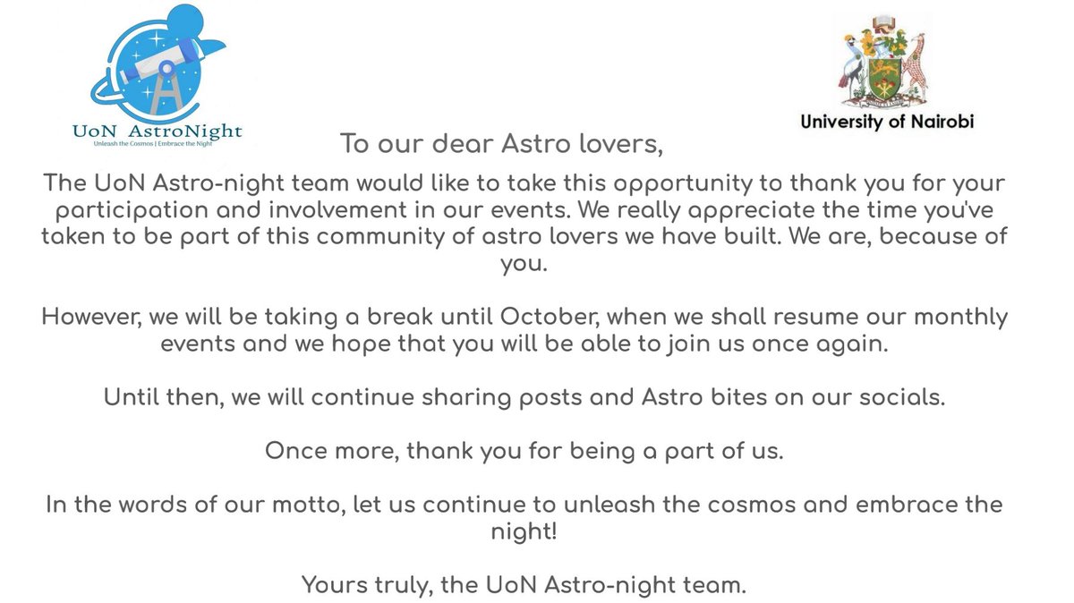 UoN_Astro_Night's tweet photo. We'd really hoped we would host you tomorrow, but we will be taking a small break from our events until October. 

We'll still keep sharing astro content and we hope that we'll see you again in our next event🙏🔭.

Thank you.

We are because of you. https://t.co/UovgY18Lsd
