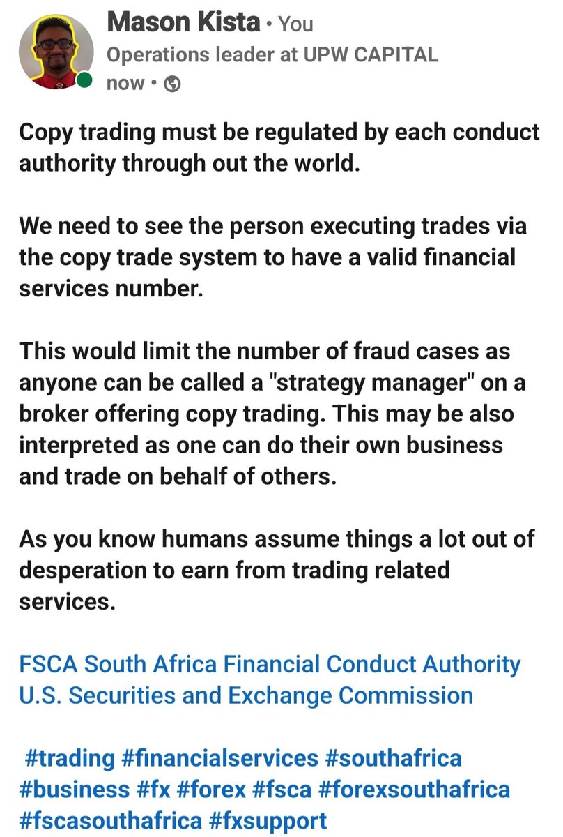 upwcapital's tweet photo. Copy Trading Must Be Regulated
#upwcapital #copytrading #copytrade #fx #forex #forextrader #trading #tradingsignals #signalsforex #fxsignals #forexsouthafrica #FCA #fsca #fscasouthafrica #fxsupport #SEC https://t.co/1skka7fivg