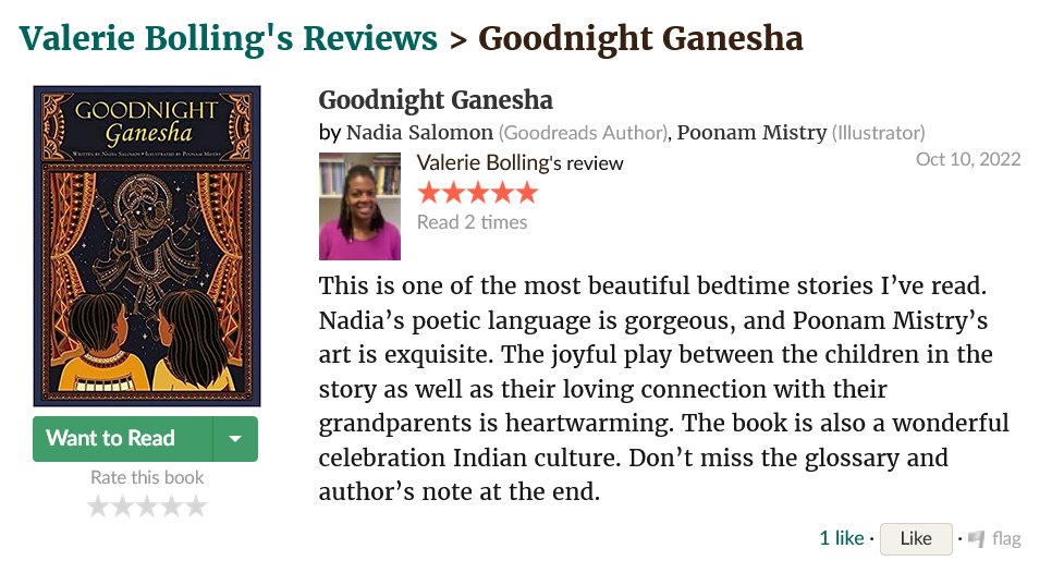 Just seeing this #BookReview! Thank you @valerie_bolling for this wonderful 5-star review and reading GG twice!! These reviews keep @goodnightganesh a, on shelves and help reach hands that need it. 💘#WritingCommunity #amreading #amwriting #books Look @penguinrandom! #publishing