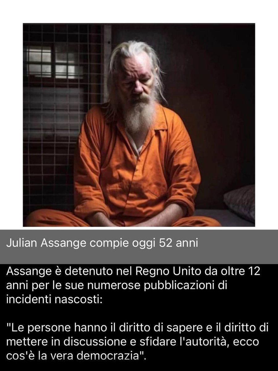 elisamariastel1's tweet photo. Ecco cosa costa essere un vero Giornalista, quello con la G maiuscola.

Avere 52 anni e dimostrarne 80
 
Nessun premio Pulitzer, ma 12 anni di Pena Carceraria...ancora in corso.

Se estradato ne rischia 175 fino alla pena capitale.

Ecco cosa costa svelare i Crimini dei Potenti tentando di informare il mondo di tutte le loro Menzogne.

Punirne uno per educarne 100.