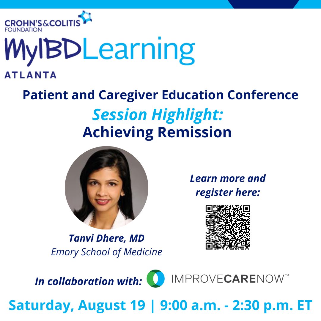 Join me in Atlanta on 8/19 at the #MyIBDLearning  Southeast Regional Patient and Caregiver Conference, where I will be presenting on remission in #IBD.
Register at:  crohnscolitisfoundation.org/myibdlearning/…