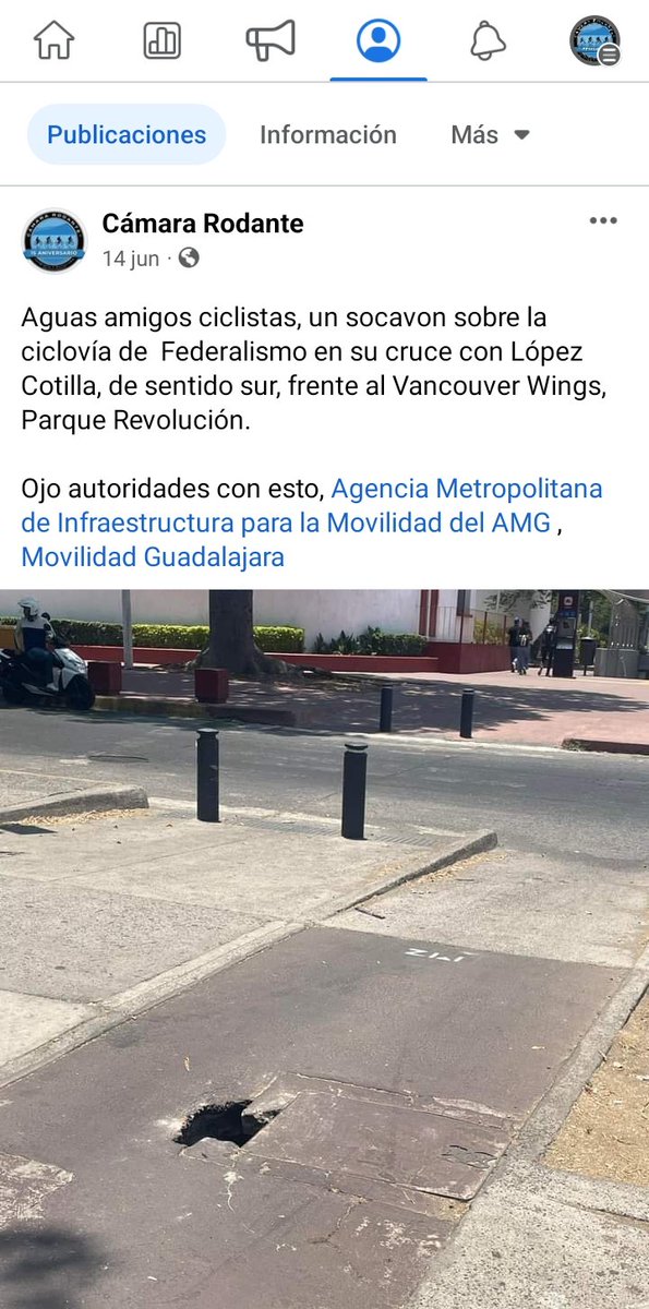 camararodante's tweet photo. El dia 14 de junio reportamos un hoyo sobre la ciclovía de avenida Federalismo en su cruce con López Cotilla, las autoridades se han echado la  bolita ¿ @GdlMovilidad @siapagdl @AgenciaAMIM, porqué tanta burocracia?, hoy todo sigue igual
@GobiernoJalisco @GuadalajaraGob
@IMEPLAN https://t.co/GJUOuC4QRr