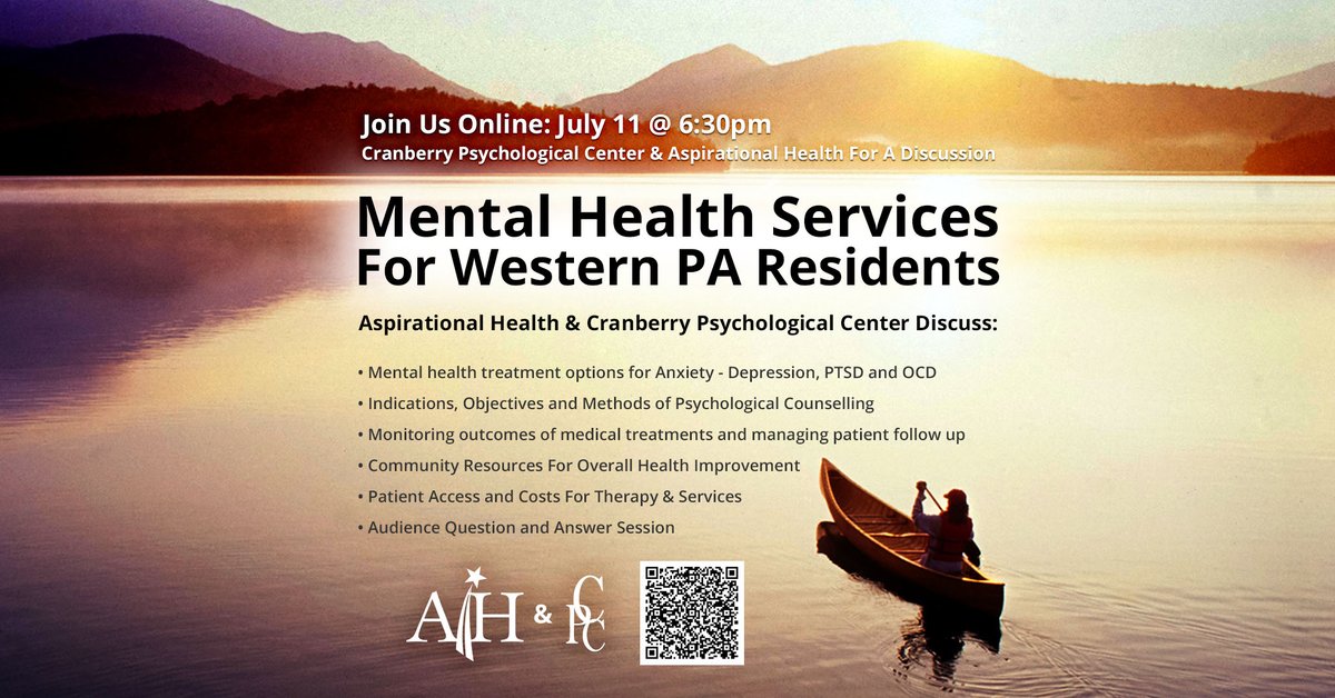 AspirationalPCP's tweet photo. Join Aspirational Health  &amp; Cranberry Psychological Center July 11 @ 6:30pm For An Online Zoom Webinar Discussing Mental Health Services RSVP FREE https://t.co/MMa0s09s5h #mentalhealth https://t.co/zcA9yKTkCk