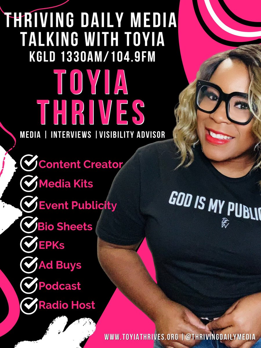 WHAT DOES TOYIA DO?!? THIS IS WHAT I DO…

👇🏽👩🏾‍💻👇🏽🎙️👇🏽🌆👇🏽📻🤗👇🏽✍🏽👇🏽
Content Creator | Media Kits | Event Publicity 
Bio Sheets | EPKs | Ad Buys | Podcast | Radio Host
toyiathrives.org
#mediapersonality #visibilty #media #podcast #radiohost #mediakits