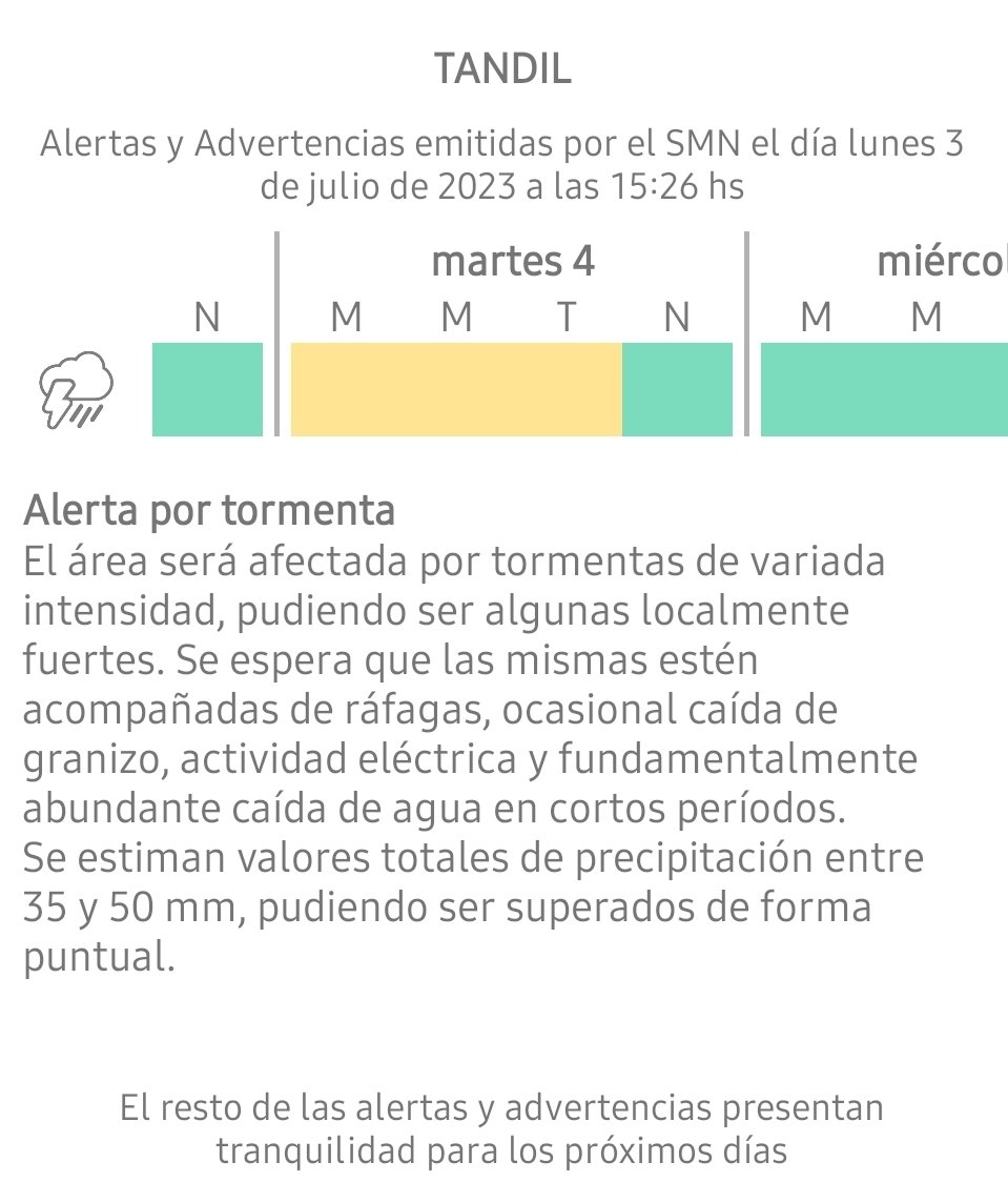 DC_Tandil's tweet photo. Alerta amarillo por tormentas para Tandil y zona, para la madrugada, mañana y tarde de mañana martes 4 de julio. Se espera que el área sea afectada por tormentas de variada intensidad, pudiendo resultar algunas localmente fuertes. https://t.co/h60FaiGOQ5