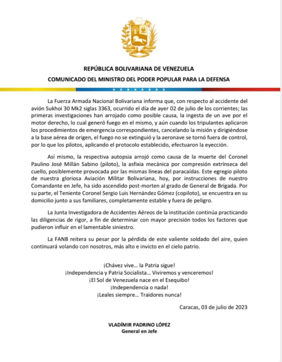📄 #Importante || Comunicado Oficial de la Fuerza Armada Nacional Bolivariana #FANB, con motivo al accidente del Sukhoi 30 MK2, ocurrido el día #02Jul.
