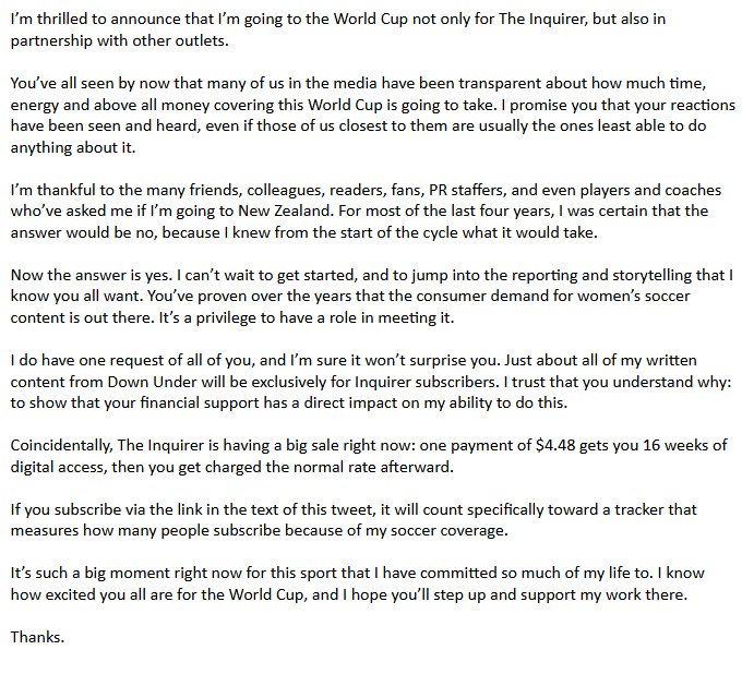 Some personal news, after nearly 20 years of fighting to get the American mainstream sports media to treat soccer - especially women's soccer - the same as any other sport: inquirer.com/tannenwald