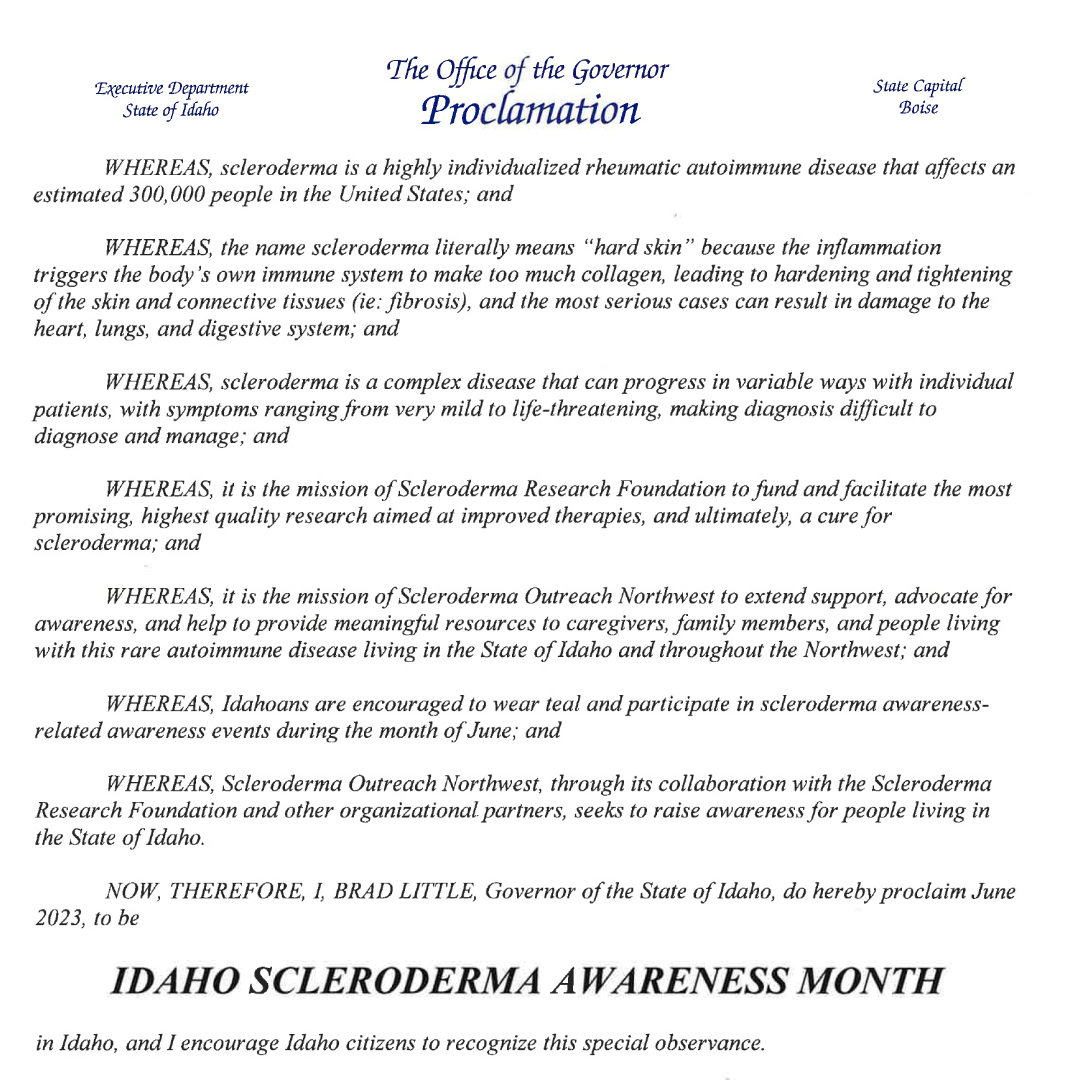 srfcure's tweet image. Thank you all for an INCREDIBLE #SclerodermaAwarenessMonth. Join us in giving a big shout out to another amazing effort—our collaborators at Scleroderma Outreach Northwest successfully made June the official #SclerodermaAwarenessMonth of Idaho! #SayScleroderma