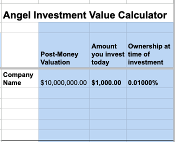 Where can your $1K angel check take you? 

I built this Angel Investment Value Calculator to help you understand the answer: 

- If there are between 1-5 additional rounds of dilution after your investment
- If the company exits for $100M-$10B