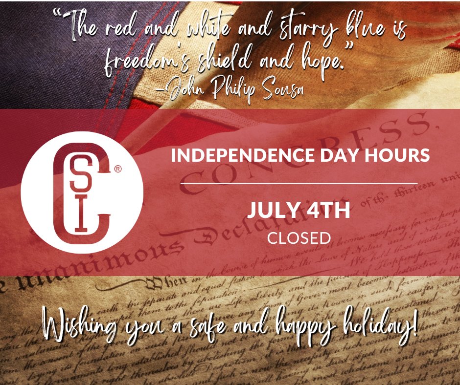 csidesigns's tweet image. In honor of Independence Day, CSI will be closed tomorrow, July 4th, and will reopen on Wednesday July 5th. Wishing you a safe and fun-filled celebration!

#hygienicprocessingsystems #FourthofJuly #July4th