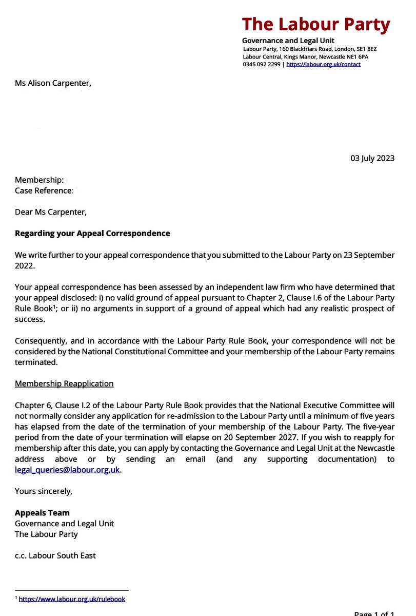 So today the Labour Party rejected my appeal! My membership remains terminated. My crime was commenting in a Facebook group in 2019 that in 2022 they decided you weren’t allowed to do. Completely ridiculous. Their loss!!  #LabourCorruption #LabourFiles #LabourParty