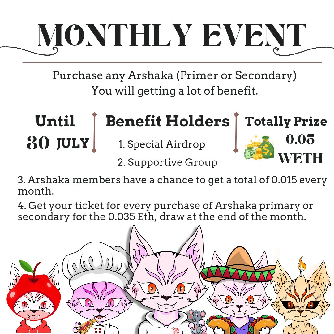 Arshaka_nft's tweet photo. 💖💖💖
MONTHLY EVENT!🥳
Purchase any #Arshaka on main collection until 30th JULY 1.00 PM UTC 
Will get a chance to win totally a 0.05 Weth 💰🎁 🤩

Let's join Arshaka Fams and lets Check out here 🚀💖🤗
 https://t.co/8S8tpmvVeP

#NFTCommunity #VERTICALNFT #NFT宣伝枠 #NFTs https://t.co/paWXIf3e9W
