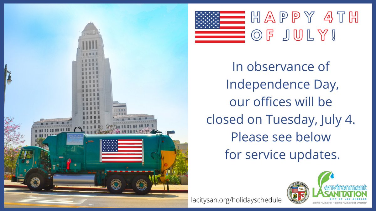 LACitySAN's tweet photo. July 4 Delays:
LASAN residential customers
Tues collections ⏩ Wed
Wed collections ⏩ Thurs
Thurs collections ⏩ Fri
Fri collections ⏩ Sat
#recycLA customers
Fri collections ⏩ Sat
Normal collection service resumes 7/10/23
24-hour Help: 800-773-2489
https://t.co/0FiZwzywUU https://t.co/05sRejL7zc