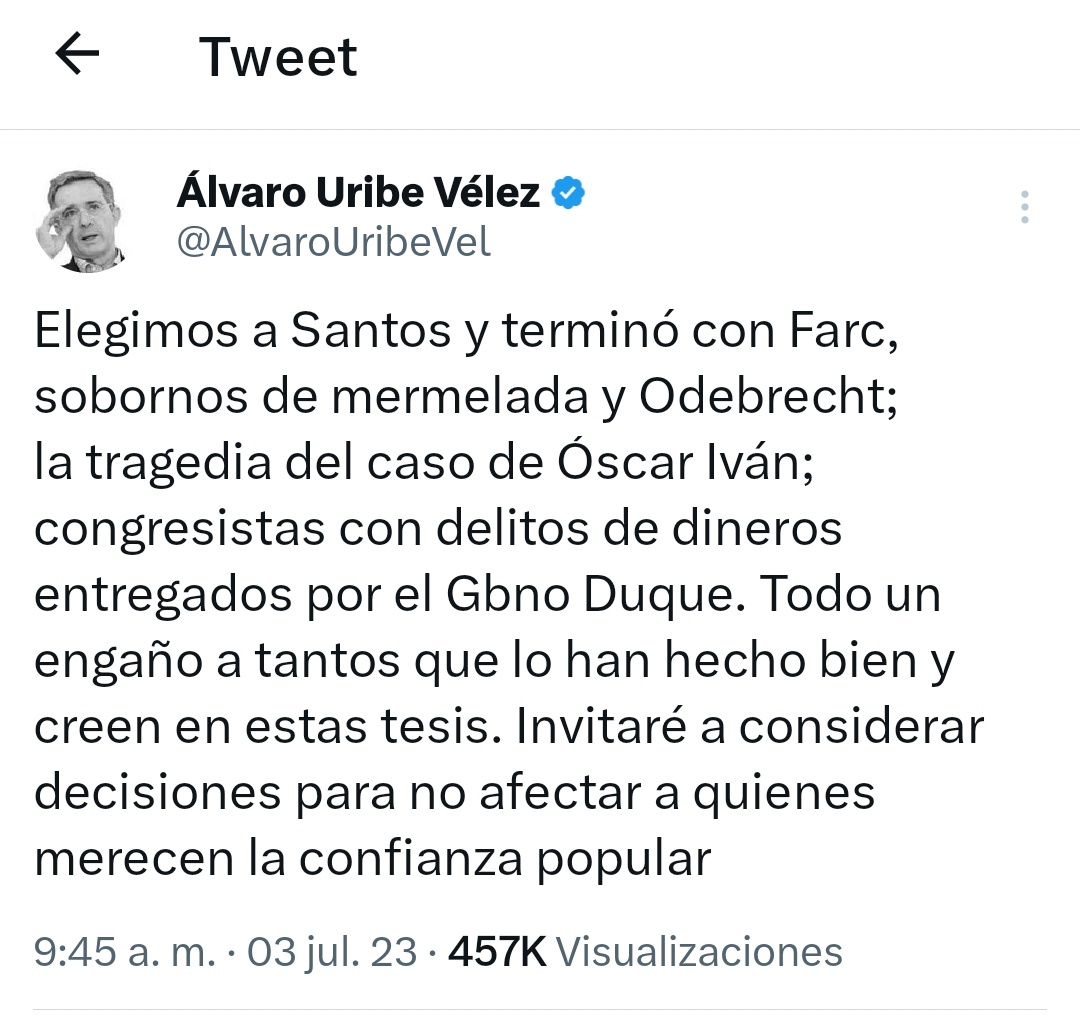 EsmeHernandezSi's tweet photo. Dos cosas, Álvaro Uribe:

Primero, lo de Óscar Iván Zuluaga no es una tragedia, es CORRUPCIÓN. No podemos minimizar los actos ilícitos de Odebrecht. 

Segundo, esta haciendo una confesión gravísima al afirmar que Duque entregó dineros (mermelada) a congresistas con delitos. Eso es un delito y surge la pregunta: ¿Quiénes se han beneficiado ilegalmente? Colombia quiere conocerlos.