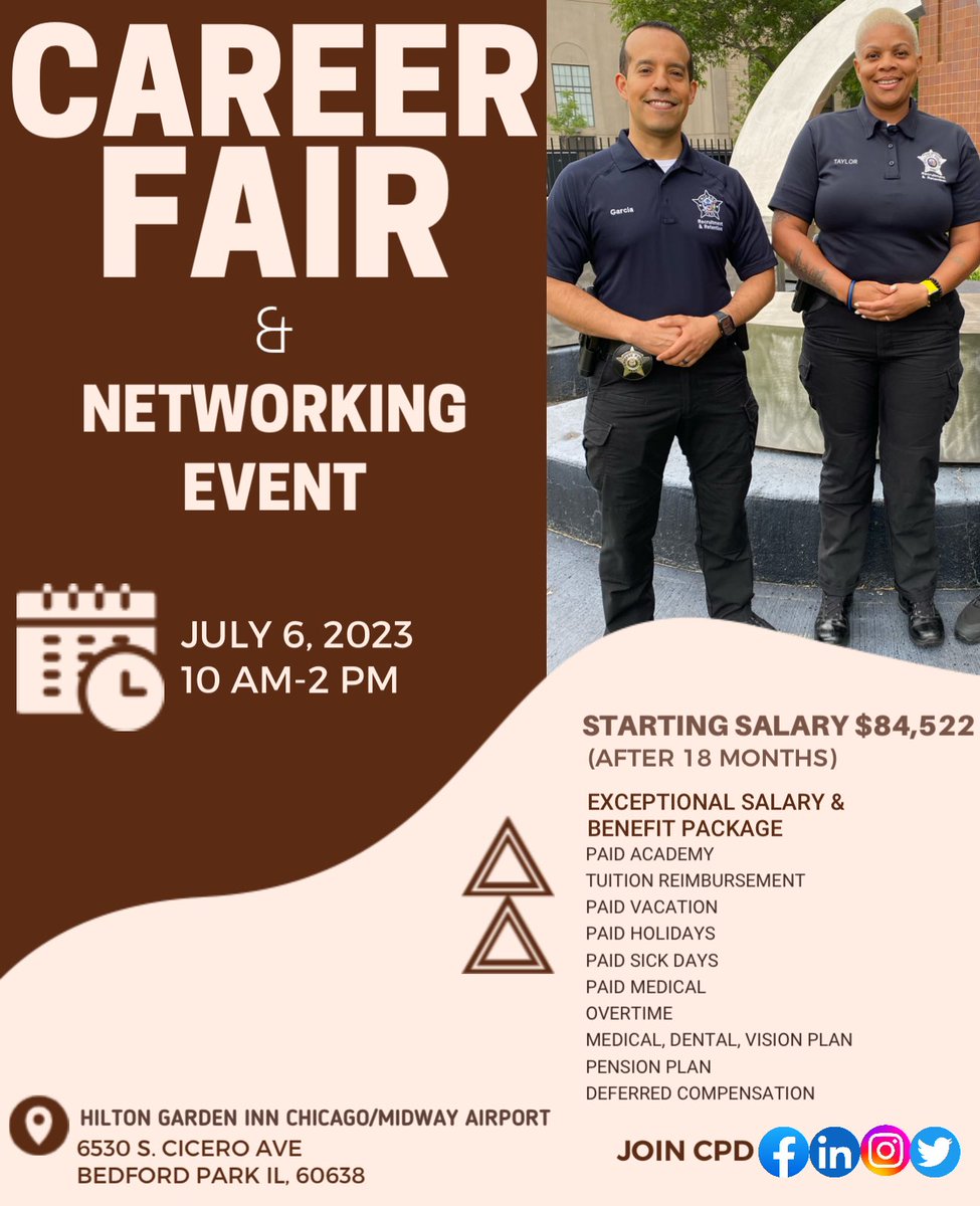 JoinChicagoPD's tweet photo. 👋🏼Join us at the Career Fair &amp; Networking  Event

📍Hilton Garden INN
  6530 S. Cicero Ave                                          

🗓️ Thursday July 6th 

⏰ 10:00 am-2:00 pm 

👩🏽‍💻On-site applications 

🚔See you there https://t.co/3A4buyEpNw