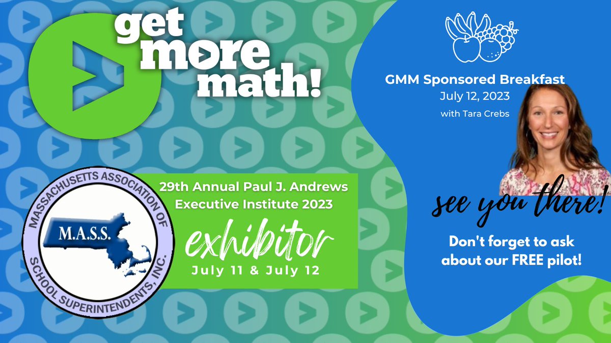 ➡️Join #GetMoreMath in Mashpee for the 29th Annual Paul J. Andrews Executive Institute ✨ The lovely Mrs. Tara will be hosting a sponsored breakfast 7/12 🍓 Be sure to stop by after and ask about our #SpiralReview or our #FreeYearPilot #iteachmath #education
