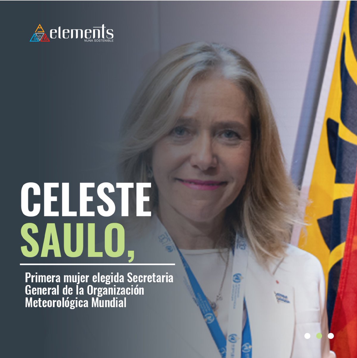 revistaelements's tweet photo. Hoy en la #FraseDeLaSemana, te presentamos las declaraciones de Celeste Saulo, primera mujer elegida como Secretaria General de la Organización Meteorológica Mundial (OMM), sobre sus primeras acciones a ejecutar frente al organismo.
#ambiente #revistaelements #mundo https://t.co/zHfo7EQWFL