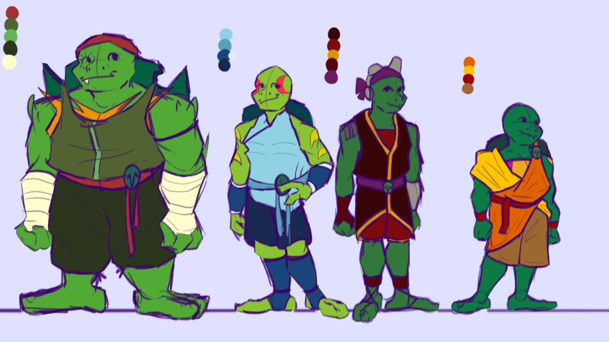 _sparklysaturn's tweet photo. i want to do a rottmnt x atla series of drawings but idk when i'll actually start it so here's the first drafts for the boys' respective bending wear that i did over a month ago #rottmnt #SaveRiseoftheTMNT https://t.co/VAwYOGPdOB