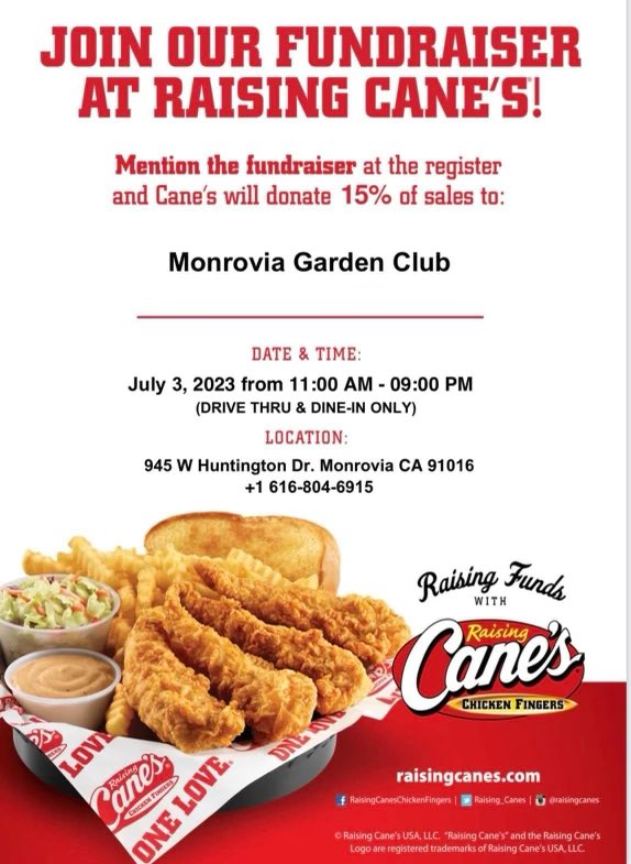 MelissaVotes's tweet photo. Go support the Monrovia Garden Club today at Raising Canes! https://t.co/cWsAfiaQBR