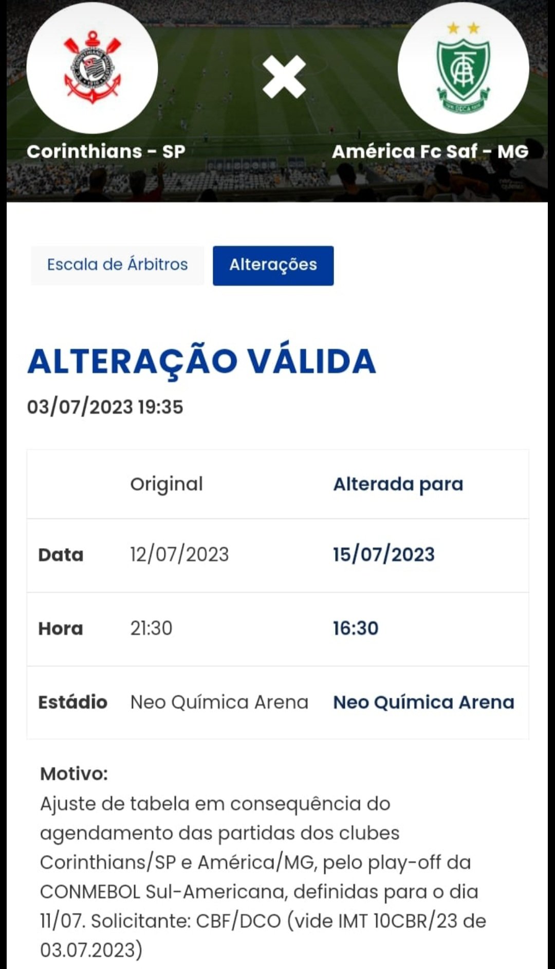 CBF oficializa nova data para o jogo de volta entre Corinthians e