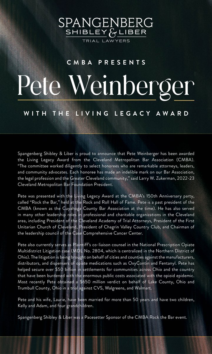 SpangenbergLaw's tweet photo. We are thrilled to announce that Pete Weinberger has been honored with the prestigious Living Legacy award from the Cleveland Metropolitan Bar Association (CMBA).  Pete's contributions and dedication to the legal profession have been recognized in this well-deserved accolade. https://t.co/jMh3zOS1QA