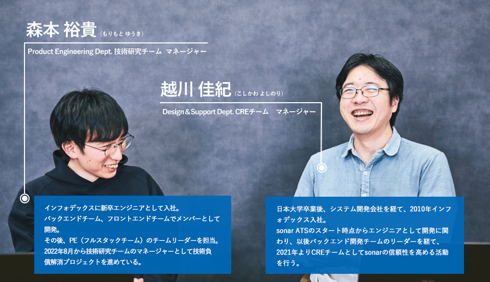 tksyoshida's tweet photo. CREの越川と、技術研究チームの森本の2人が、sonar ATS（ソナー）がお客様からの信頼性確保に向けて注力する背景について語っています。

※CRE=Customer Reliability Engineering/顧客信頼性エンジニアリング

https://t.co/cbr9lQlse5

#sonarats #採用管理システム #テックブログ https://t.co/LeMk3sEDsS