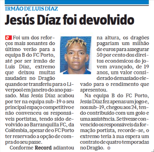 Colfootball1's tweet photo. Jesus Diaz (19), Luis's younger brother, didn't convince Porto's coaching staff and he will return to @BarranquillaFC. Porto, however, still has the first option to purchase him https://t.co/TcSIU75iGo