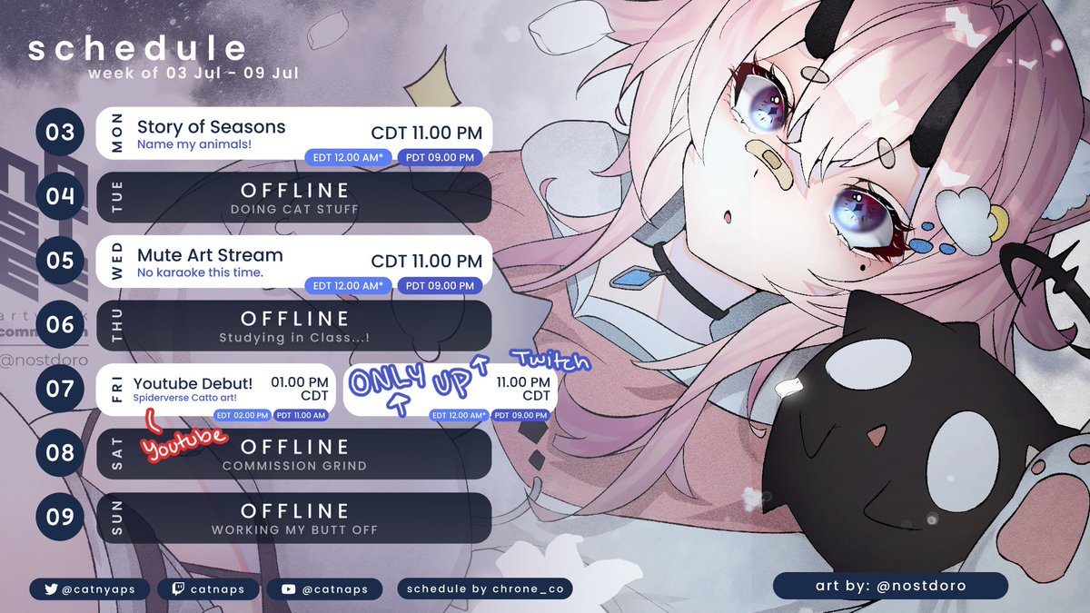 catnyaps's tweet photo. ✦ ✦ ✧ Weekly Schedule! [ July 3 - July 8 ] 🌦️
had to adjust this week's schedule :3
Monday - Story of Seasons
Wednesday - art work night [mute] 
Friday - YOUTUBE STREAM art + TWITCH 

Art Tags: #Friendline  ✦ #nyasfw  
✦ ✦ ✦ Twitch - https://t.co/N9RaGuJrpr https://t.co/DbGQ2w5753
