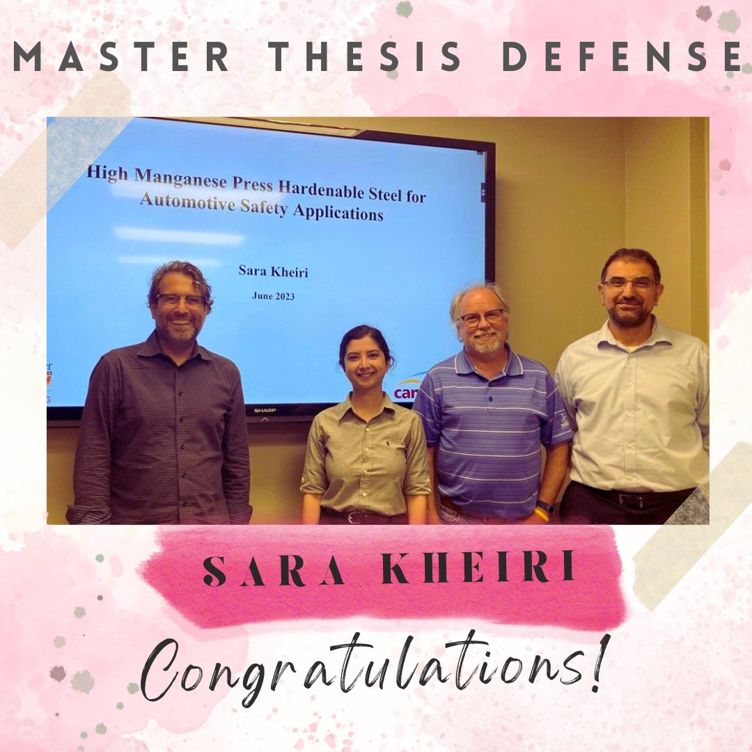 MSE_McMaster's tweet image. Our warmest congratulations to Sara Kheiri , supervised by Dr. McDermid, who successfully defended her master thesis titled &quot;High Manganese Press Hardenable Steel for Automotive Safety Applications&quot;. Congratulations Sara! 🎉#msemcmaster #mcmasterengineering #materialsengineering