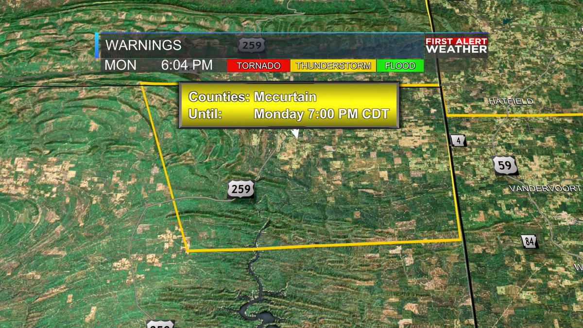 A Severe Thunderstorm Warning has been issued for McCurtain until Jul 03, 2023 7:00PM. Seek shelter indoors until the storm has passed. Look for weather updates on-air, at KSLA.com or on the KSLA Weather app!