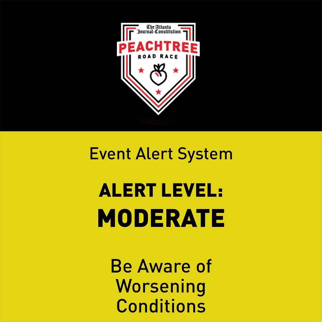 peachtreerr's tweet photo. Due to the forecasted heat and humidity, the Atlanta Journal-Constitution Peachtree Road Race will begin under yellow flag conditions. Be sure to stay hydrated, utilize water spray stations on the course and slow down if needed. https://t.co/z4XBUwbRPt