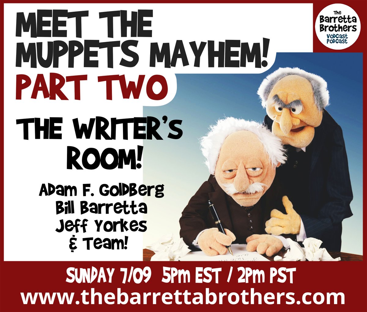 Sunday!!! PART TWO of Meet The Muppets Mayhem! Discover who makes all the funny! This Sunday 7/9, at 5pm EST / 2pm PST. <a href="/billbarretta/">Bill Barretta</a> <a href="/adamfgoldberg/">Adam F. Goldberg</a> <a href="/JeffYorkes/">Jeff Yorkes</a>