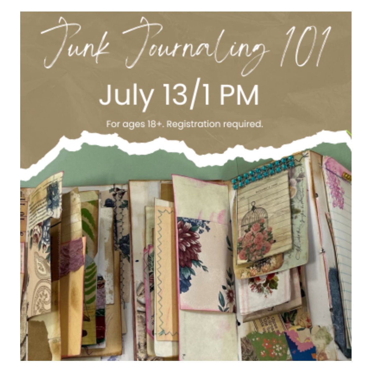 LESmoot's tweet photo. Welcome to the world of Junk Journaling! You will learn all about junk journaling.  You will work on a journal to take home. Materials will be provided, &amp; bring your own. For ages 18+.Registration required. Link below.
https://t.co/DJtu3kVPZW #smootlibrary https://t.co/VUtAVNClSR https://t.co/H9ZuhiyVne