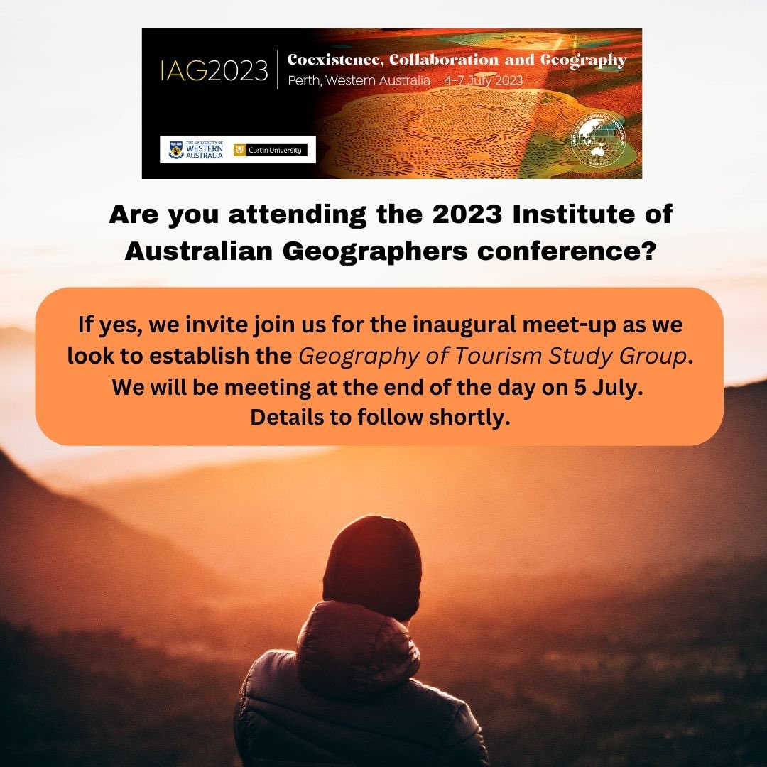 🚩 Are you attending the 2023 Institute of Australian Geographers conference?

🌟 Come and join us at the inaugural meet up as we look to establish the Geography of Tourism Study Group.

<a href="/AnneHardyTas/">Anne Hardy</a> <a href="/InstAustGeog/">Institute of Australian Geographers</a> <a href="/TourismJournal/">Tourism Geographies</a> <a href="/THEWesternSydU/">Tourism, Hospitality and Events — Western Sydney U</a> <a href="/WSUGeography/">Geography @ Western Sydney University</a> <a href="/UTAS_/">University of Tasmania</a>