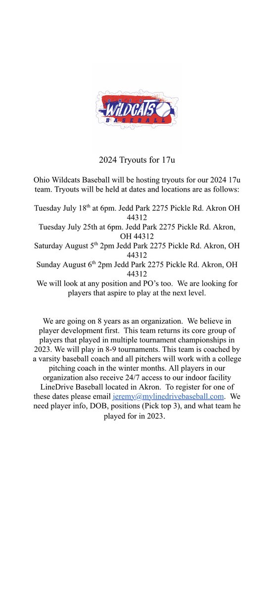 Register for our 17u tryout!  Great group of hard working young men!!