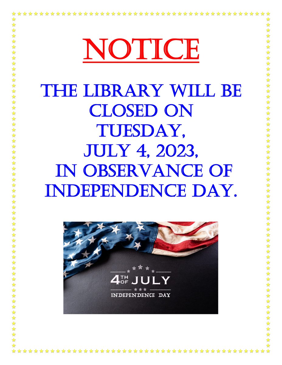 EPLNJ's tweet image. The Library will be closed July 4 in observance of Independence Day.
~
La biblioteca estará cerrada el martes, 4 de julio de 2023, en conmemoración del día de la independencia.