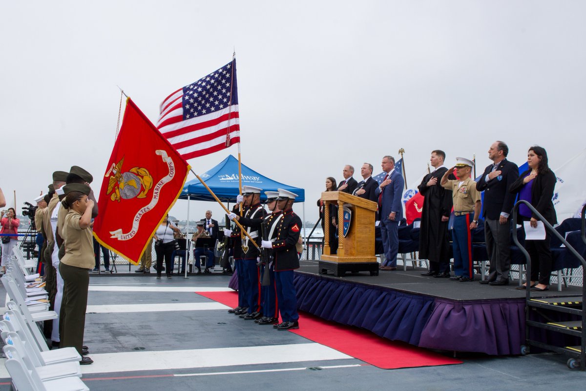 USSMidwayMuseum's tweet photo. Today, aboard the USS Midway Museum, we hosted a special naturalization ceremony, welcoming 50 armed forces members from over 20 countries as new U.S. citizens! It's a testament to their dedication and the diversity that enriches our nation. Congratulations to all! #NewUSCitizen https://t.co/ZeYaWRNa54
