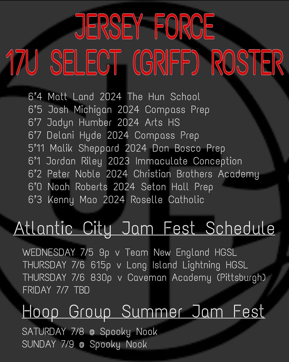 a roster full of high academic college prospects who can really hoop… catch them against 3 good teams at <a href="/TheHoopGroup/">Hoop Group</a> Atlantic City Jam Fest this week &amp; then at the Summer Jam Fest this weekend… Platinum Bracket in both events, we don’t duck anyone! <a href="/coachjgriff1/">coachjgriff</a> #theforceway