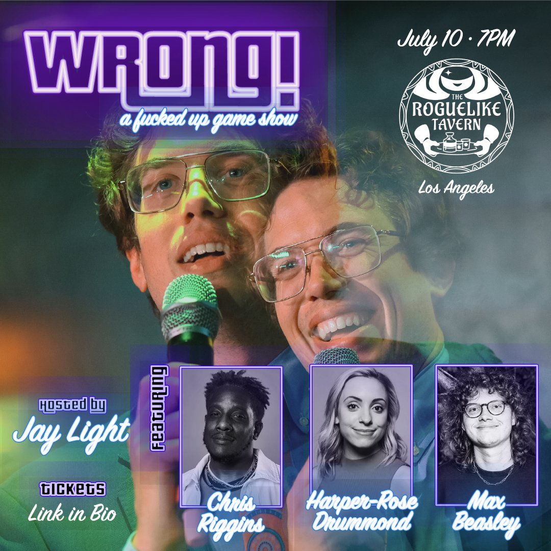 wronggameshow's tweet image. Oh hell yeah! We're one week away from the next WRONG and it's got a lineup with 2 Twitter-less comics (probably wise decision) and @maxbeasleyyy! Don't miss it as @dietjay goes game show mode at @theroguelike next Monday.

TIX HERE: eventbrite.com/e/668579327767