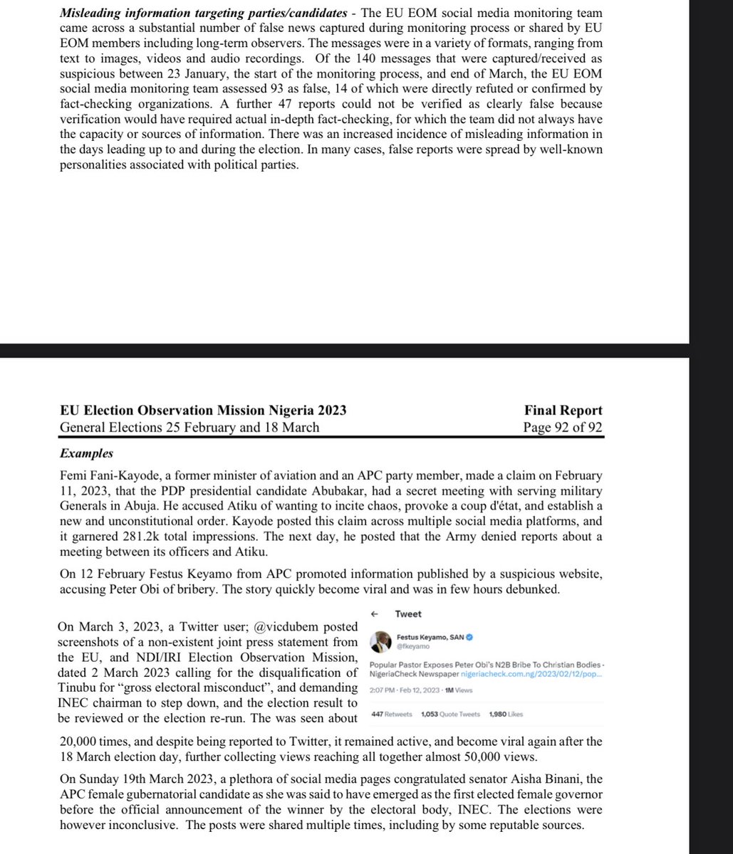 General_Oluchi's tweet image. Now I see why Festus Keyamo has been wailing all evening concerning the EU report. 

Let me tell you something, these guys did a thorough job on the report. They took note of everything, even social media hashtags for each candidate, including demeaning tags! But what hurts…