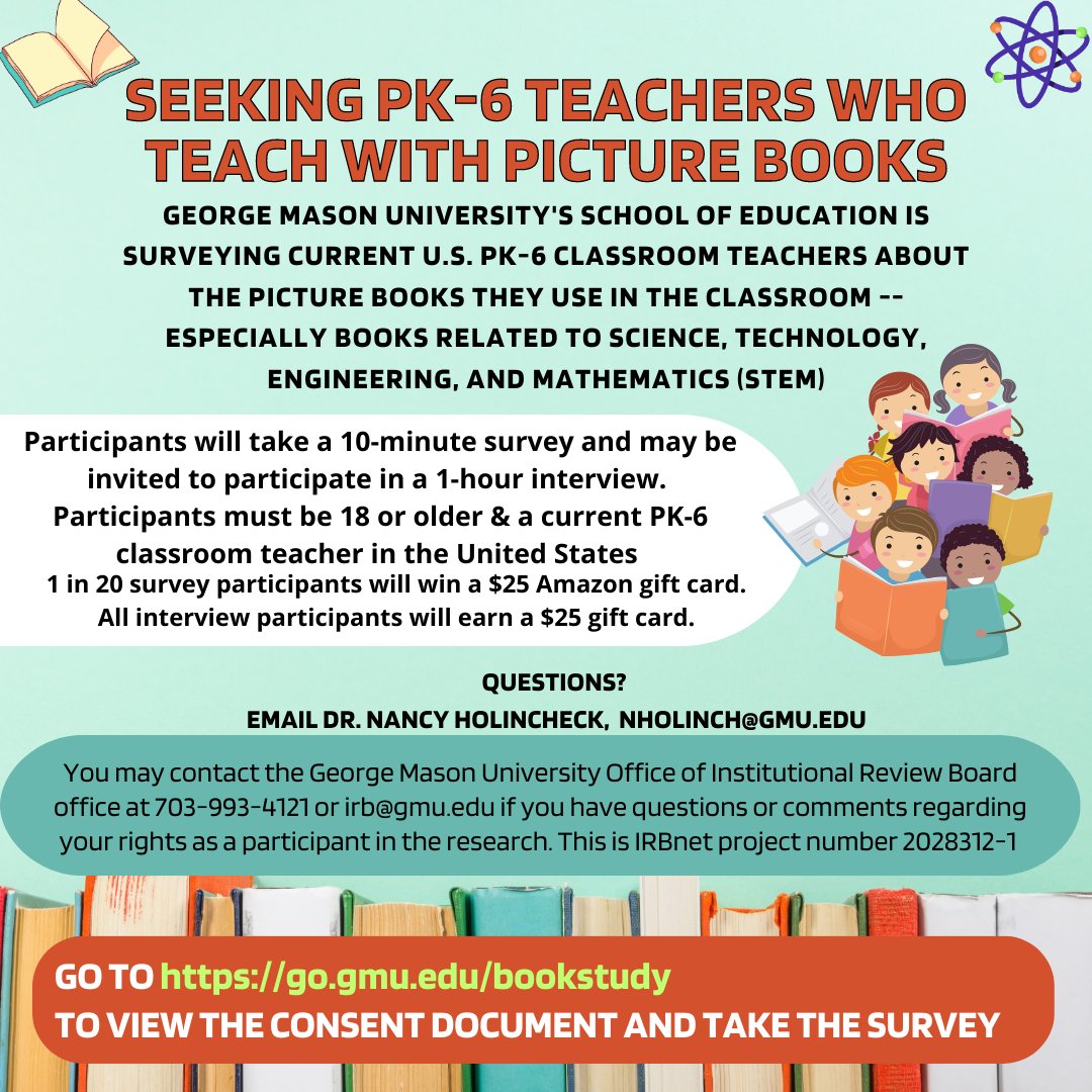 Please share! Early childhood &amp; elementary teachers, I'm involved in a study of how teachers select and use books in their classroom - especially books on STEM topics.  Please help by completing a short survey here: go.gmu.edu/bookstudy