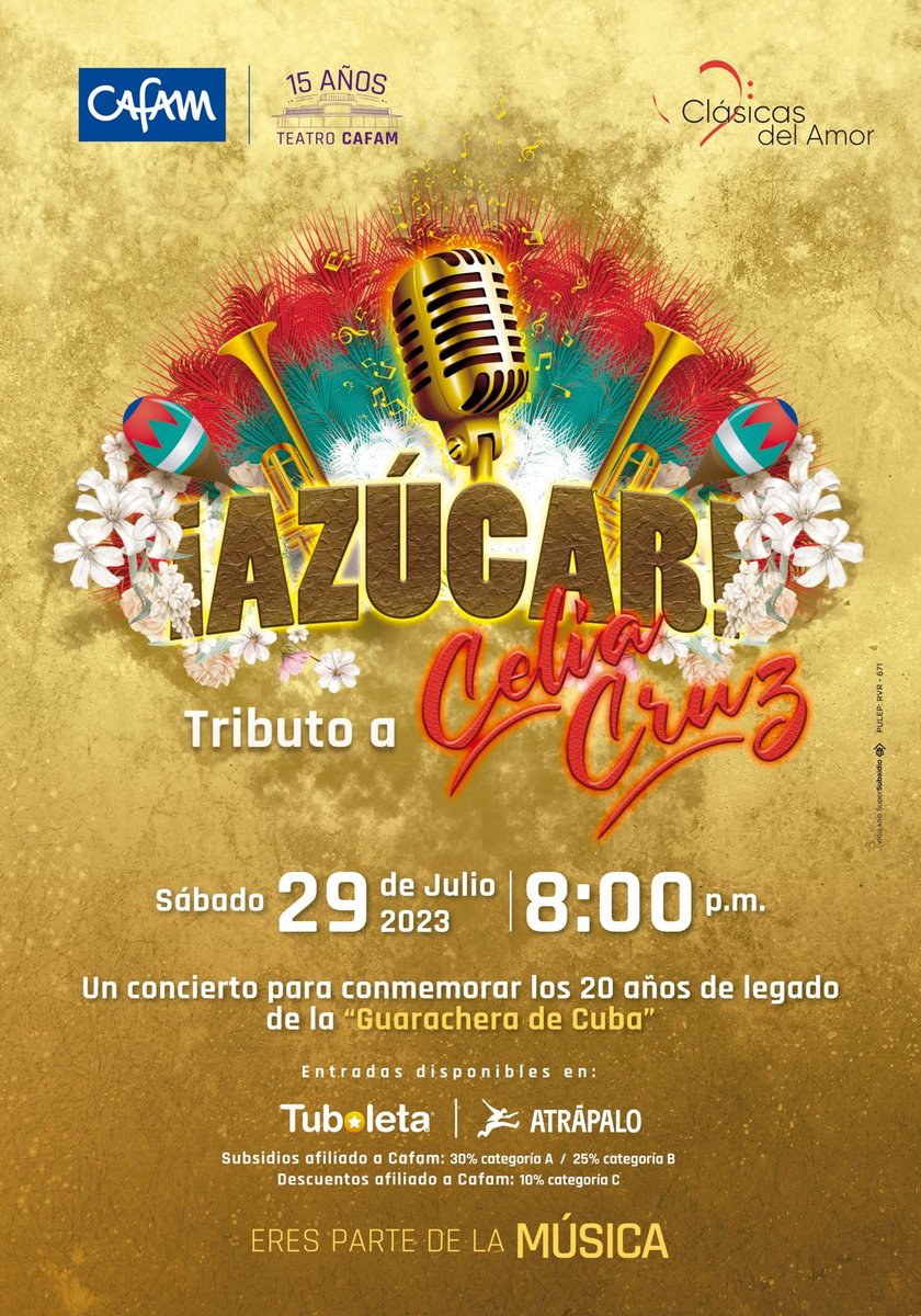 No se pierda los grandes éxitos de la «Guarachera de Cuba» en este Tributo que le rinden Clásicas del Amor y el Teatro Cafam a 20 años de su fallecimiento. Sábado 29 de julio, 8:00 p.m., Teatro Cafam Compra tus entradas en cafam.checkout.tuboleta.com/selection/even… PATROCINA RCN RADIO