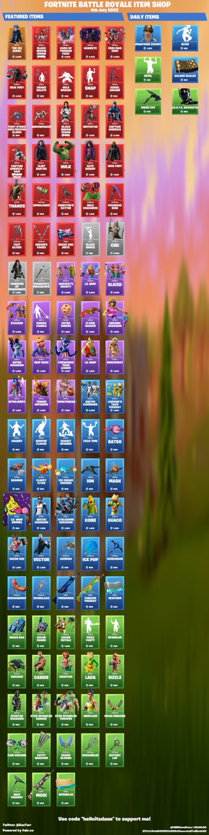 FNBRitemstore's tweet photo. Fortnite Item Store for 4th July 2023

Use code "helloitsdann" to support me! <3 #ad https://t.co/vQxaltW5gr