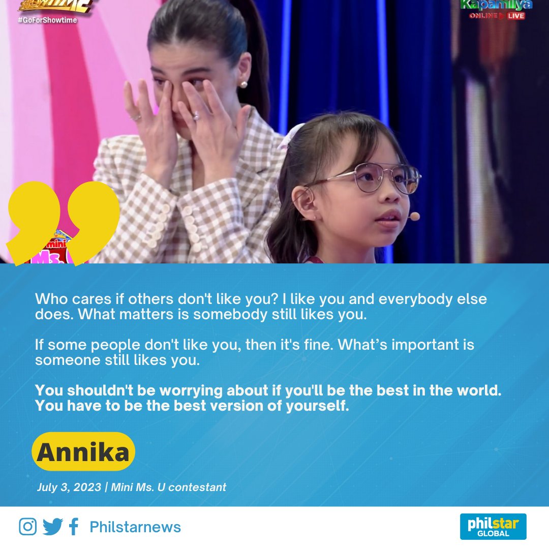 PhilstarNews's tweet photo. ‘WHO CARES IF OTHERS DON'T LIKE YOU?’

On Monday, Filipino netizens were touched by the words of affirmation from 7-year-old Annika, a contestant of It's Showtime’s Mini Ms. U. https://t.co/1dH1T8PVoC