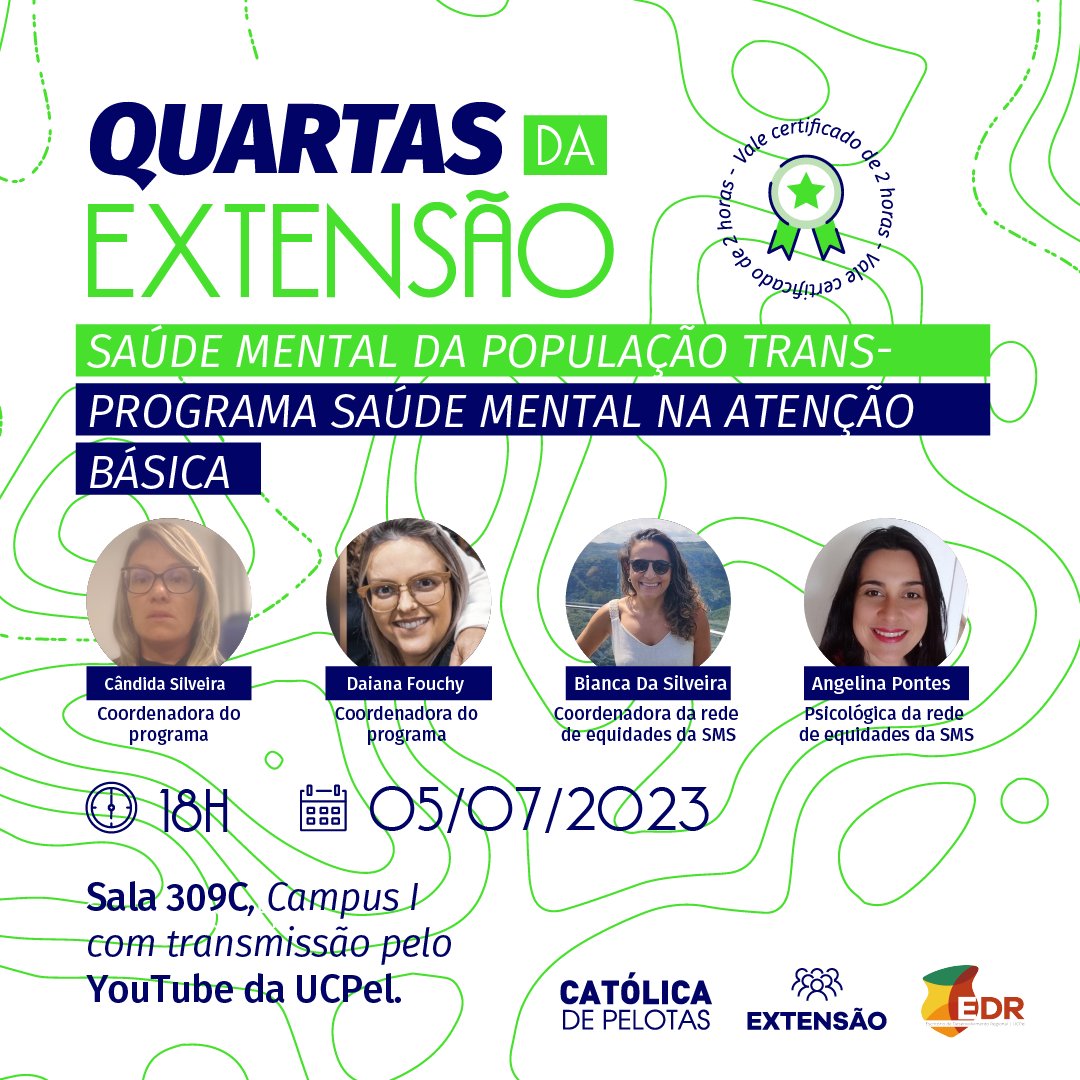 UCPel's tweet photo. Semana começando com a divulgação do tema do Quartas da Extensão!🚀
Como sempre, você poderá acompanhar presencialmente na sala 309C, aqui no campus I ou assistir on-line pelo nosso canal do youtube.
Participe! 👊👊
#ucpel #pelotas #saudemental https://t.co/PuaDzgim36