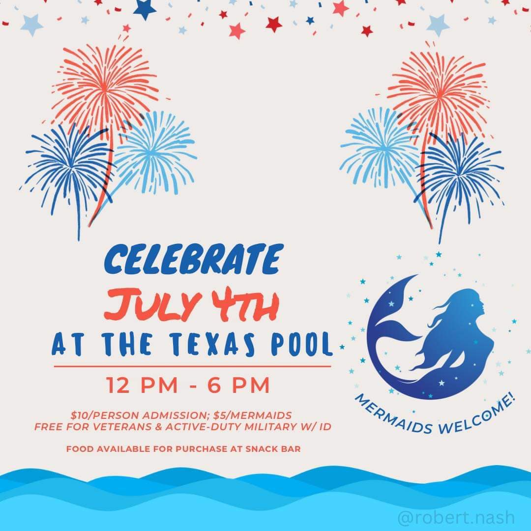 Join us from 12-6p tomorrow for some Fourth of July fun! Cool down and enjoy traditional pool games. Cook burgers or hotdogs on the grill or pack a picnic lunch (no glass or alcohol allowed). Veterans and active military members get in free with an ID. 🇺🇸🎆🎇💦