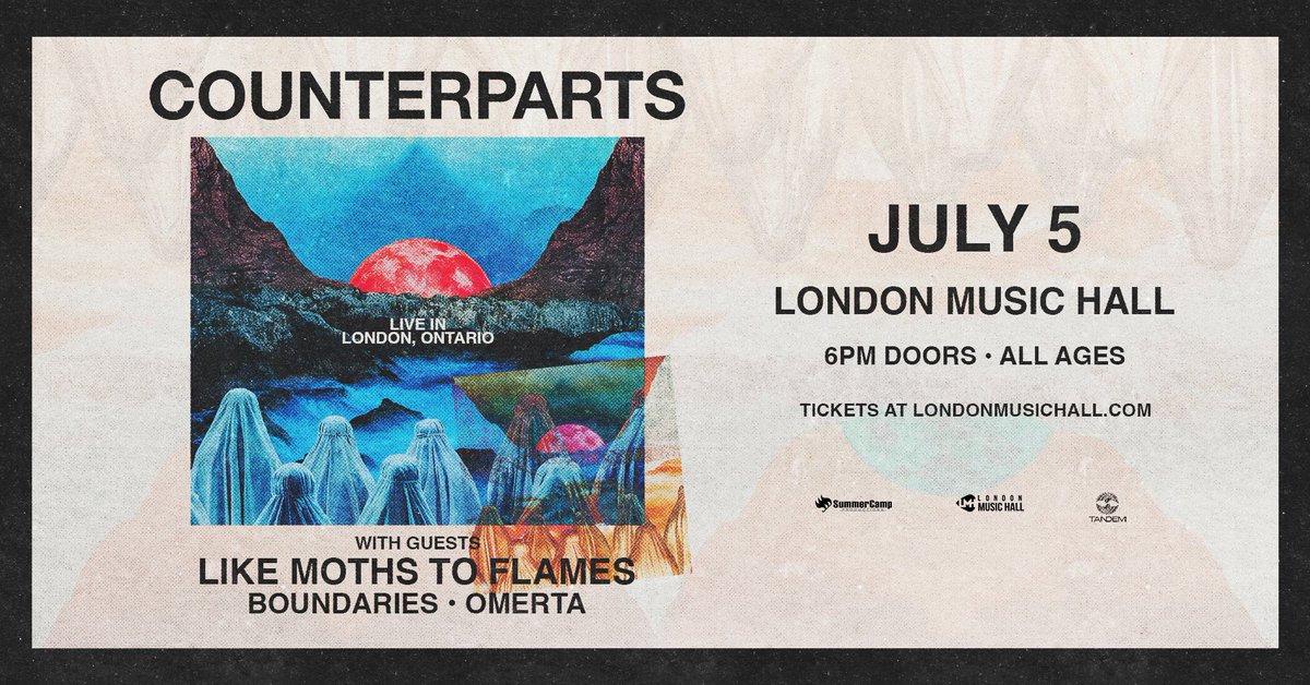 SummerCamp Productions (@scp_ldnont) on Twitter photo WEDNESDAY! <a href="/counterparts905/">counterparts</a> return to <a href="/londonmusichall/">London Music Hall</a>, with <a href="/LMTF/">Like Moths to Flames</a> <a href="/BoundariesCT/">Boundaries</a> & <a href="/ihateomerta/">Omerta</a> !
Grab your last minute tickets below
🎟 ticketweb.ca/event/counterp…
#ldnont <a href="/Downtown_London/">Downtown London</a> <a href="/purenoiserecs/">Pure Noise Records</a> <a href="/unfdcentral/">UNFD</a> WEDNESDAY! <a href="/counterparts905/">counterparts</a> return to <a href="/londonmusichall/">London Music Hall</a>, with <a href="/LMTF/">Like Moths to Flames</a> <a href="/BoundariesCT/">Boundaries</a> & <a href="/ihateomerta/">Omerta</a> !
Grab your last minute tickets below
🎟 ticketweb.ca/event/counterp…
#ldnont <a href="/Downtown_London/">Downtown London</a> <a href="/purenoiserecs/">Pure Noise Records</a> <a href="/unfdcentral/">UNFD</a>