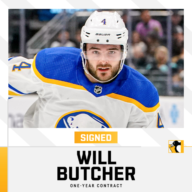 penguins's tweet photo. The Penguins have signed defenseman Will Butcher to a one-year contract.

The two-way contract runs through the 2023.24 season and carries an average annual value of $775,000 at the NHL level.