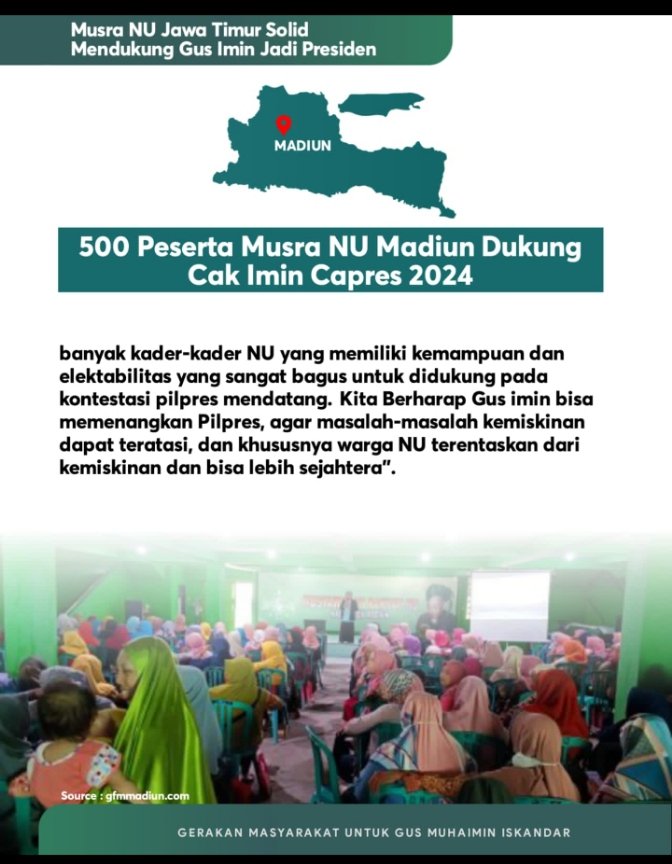 Musra NU, terus memelihara soliditas NU dan PKB, kali ini lebih khusus pada sosok Gus Imin yang akan didorong Nahdyiyyin Jawa Timur sebagai Calon Presiden 2024. 
Semuanya tentu akan bermuara pada kemaslahatan ummat 🇮🇩💚
#MusraNUJatim
#MuhaiminIskandar
#PartaiKebangkitanBangsa